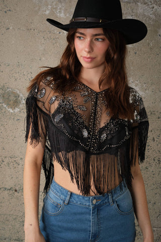Sequin Beaded Fringe Mesh Cape