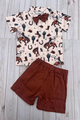 Western short sleeve top & brown shorts boy set 251288M