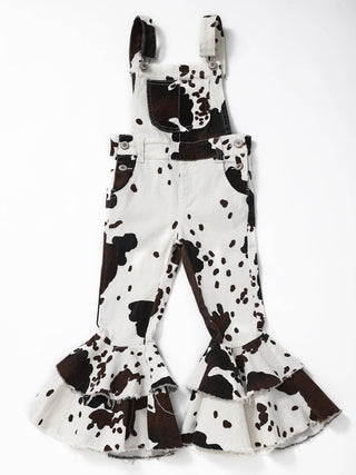Girls Cow Print Denim Double Layer Overalls