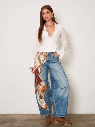 Horse Scarf Digital Print Baggy Jeans