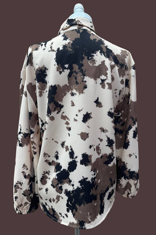 Loretta Beige Cow Animal  Print  Ribbon Blouse