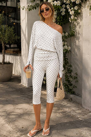 Polka Dot One-Shoulder Ruched Top