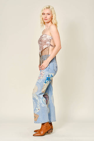 Printed Mesh Tassel Tube Top