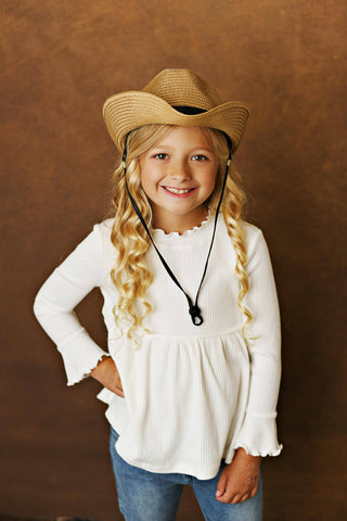 Kids White Long Sleeve Lettuce Trim Ribbed Fall Winter Shirt