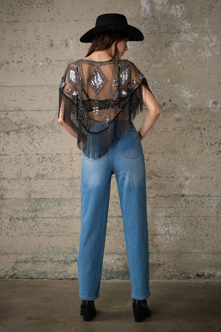 Sequin Beaded Fringe Mesh Cape