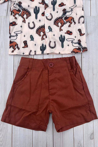 Western short sleeve top & brown shorts boy set 251288M