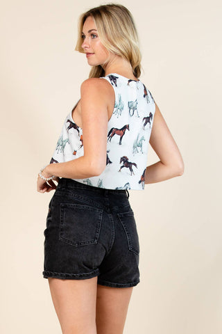 Western Running Horses Print  V Neck Ribbon Vest