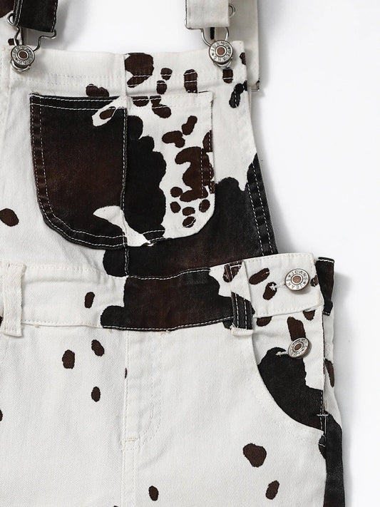 Girls Cow Print Denim Double Layer Overalls