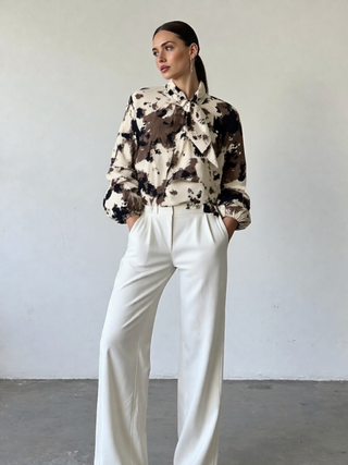Loretta Beige Cow Animal  Print  Ribbon Blouse