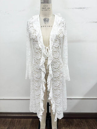 Lace Ruffle Tie Front Duster Cover-Up