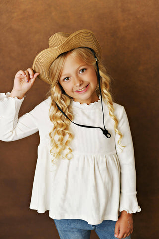 Kids White Long Sleeve Lettuce Trim Ribbed Fall Winter Shirt