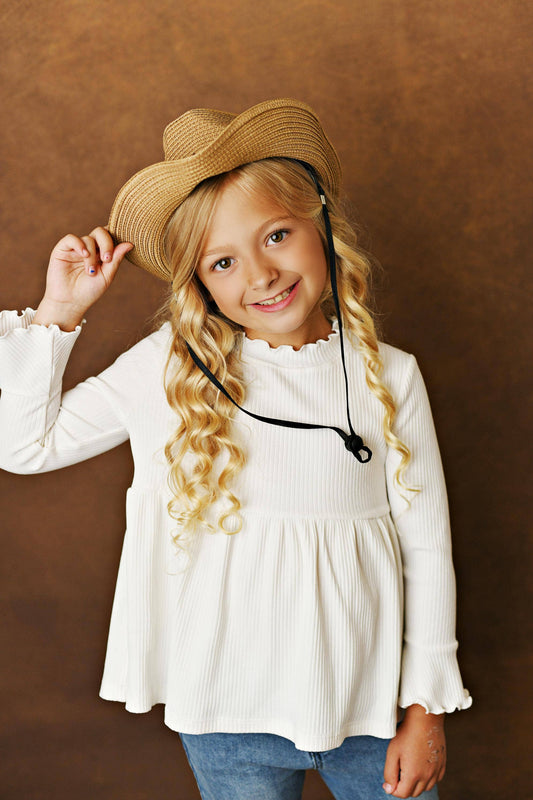 Kids White Long Sleeve Lettuce Trim Ribbed Fall Winter Shirt