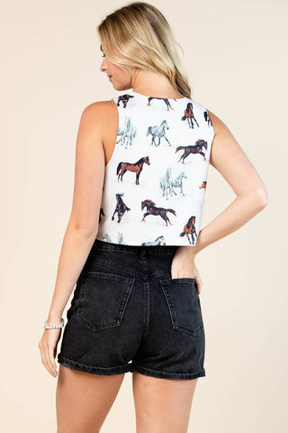 Western Running Horses Print  V Neck Ribbon Vest