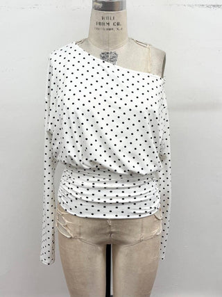 Polka Dot One-Shoulder Ruched Top
