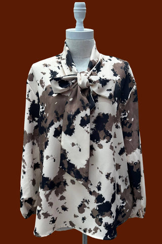 Loretta Beige Cow Animal  Print  Ribbon Blouse