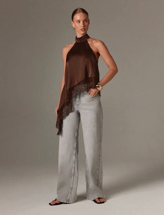 Asymmetric lace halter top
