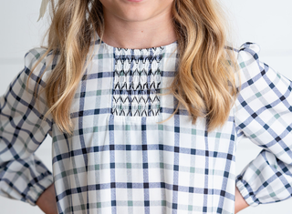 Girls Navy & White Plaid Smocked Ruffle Spring Dress