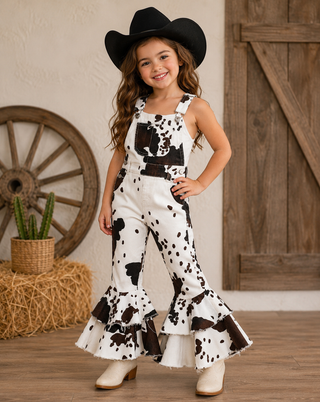 Girls Cow Print Denim Double Layer Overalls