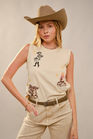 Western Motif Embroidered Sleeveless Top