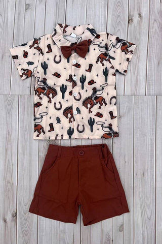 Western short sleeve top & brown shorts boy set 251288M