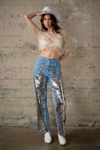 Sequin Beaded Mesh Cape Top