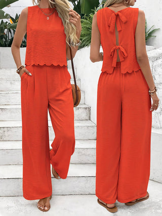 Bow tie back  crewneck tank top & pants resort casual set