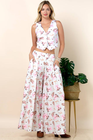Evie Coquette Ribbon Print  Button Down Vest Top