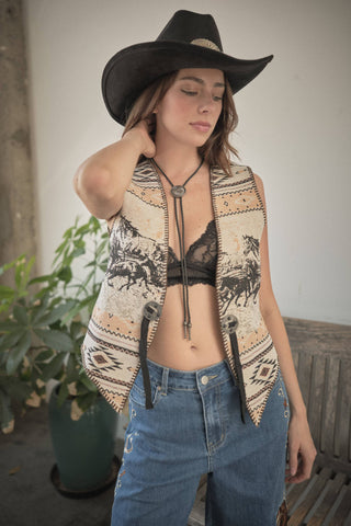 Western Horse Landscape Tapestry Vest