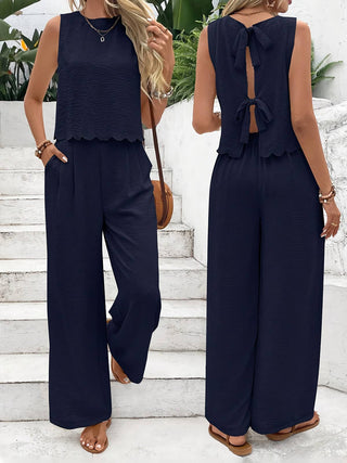 Bow tie back  crewneck tank top & pants resort casual set