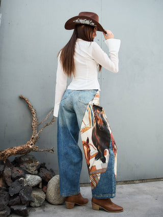 Horse Scarf Digital Print Baggy Jeans