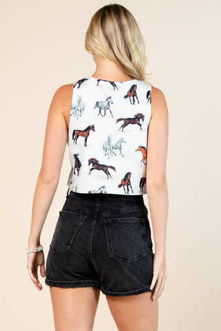 Western Running Horses Print  V Neck Ribbon Vest