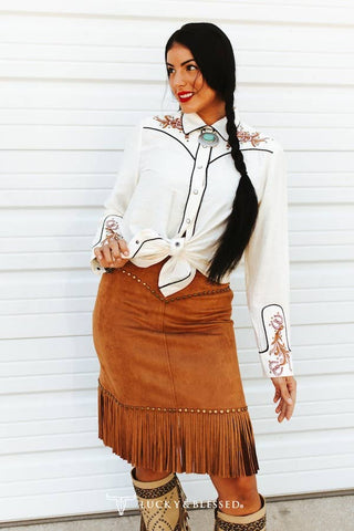 Ivory Pearl Snap Boot Stitch Horse Shoe Yoke/Sleeve Top