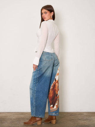 Horse Scarf Digital Print Baggy Jeans